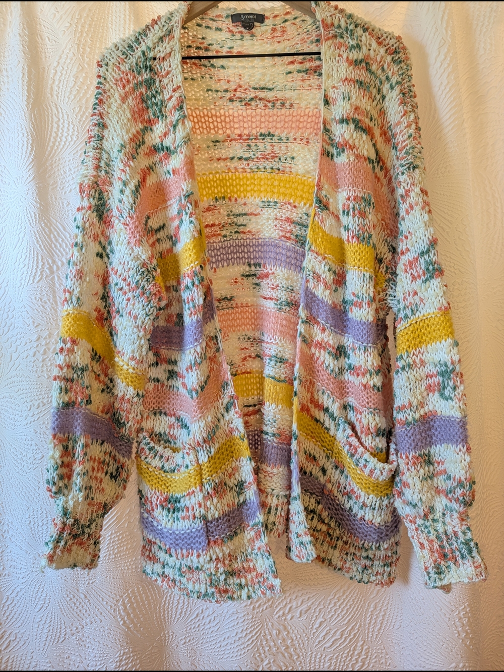 & Merci Multicolor Open Front Cardigan Sweater - Pastel Stripe